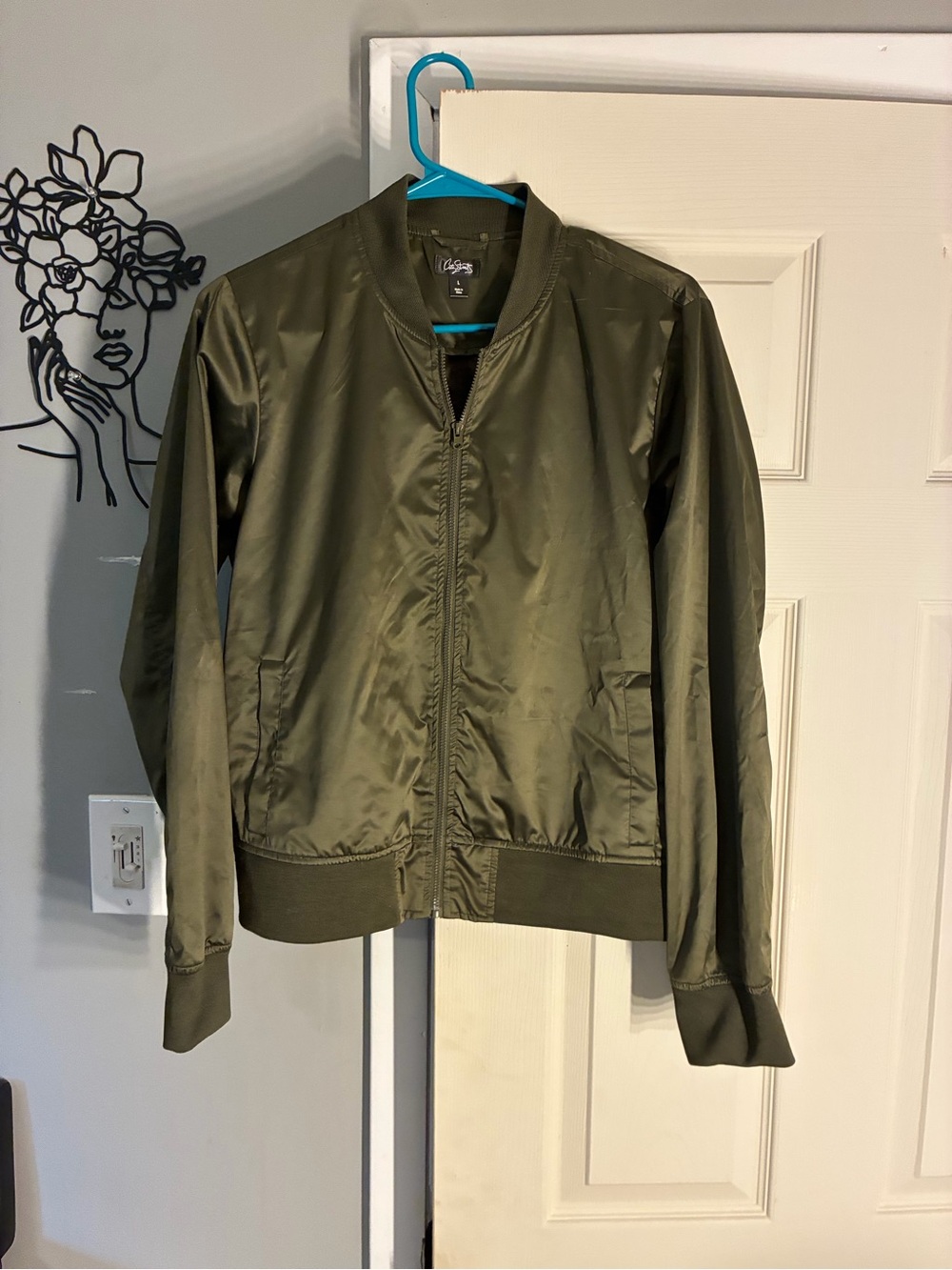 City Streets Olive Green Satin Bomber Jacket